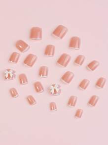 Elevate Your Style with 24pcs Short Square White French 3D Bow Decor Fake Nail & 1pc Nail File & 1sheet Nail Tape - Multicolor - View 2