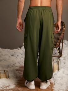 Manfinity Hombres Pantalones cargo de cintura con cordón - Verde militar - Ver 2
