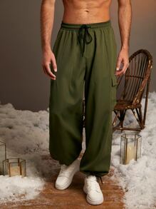 Manfinity Hombres Pantalones cargo de cintura con cordón - Verde militar - Ver 4