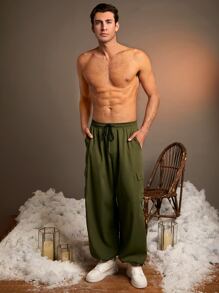 Manfinity Hombres Pantalones cargo de cintura con cordón - Verde militar - Ver 6