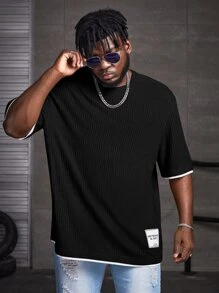 EASEVO 男式加大码字母拼接细节撞色绑带 T 恤 - 黑色 - 查看 3