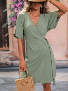SHEIN Clasi Batwing Sleeve Ring Linked Wrap Dress - Green - View 4