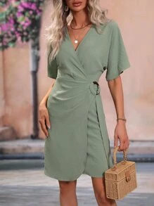 SHEIN Clasi Batwing Sleeve Ring Linked Wrap Dress - Green - View 6