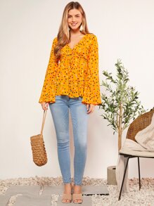 SHEIN VCAY Polka Dot Tie Front Flounce Sleeve Blouse - Mustard Yellow - View 1