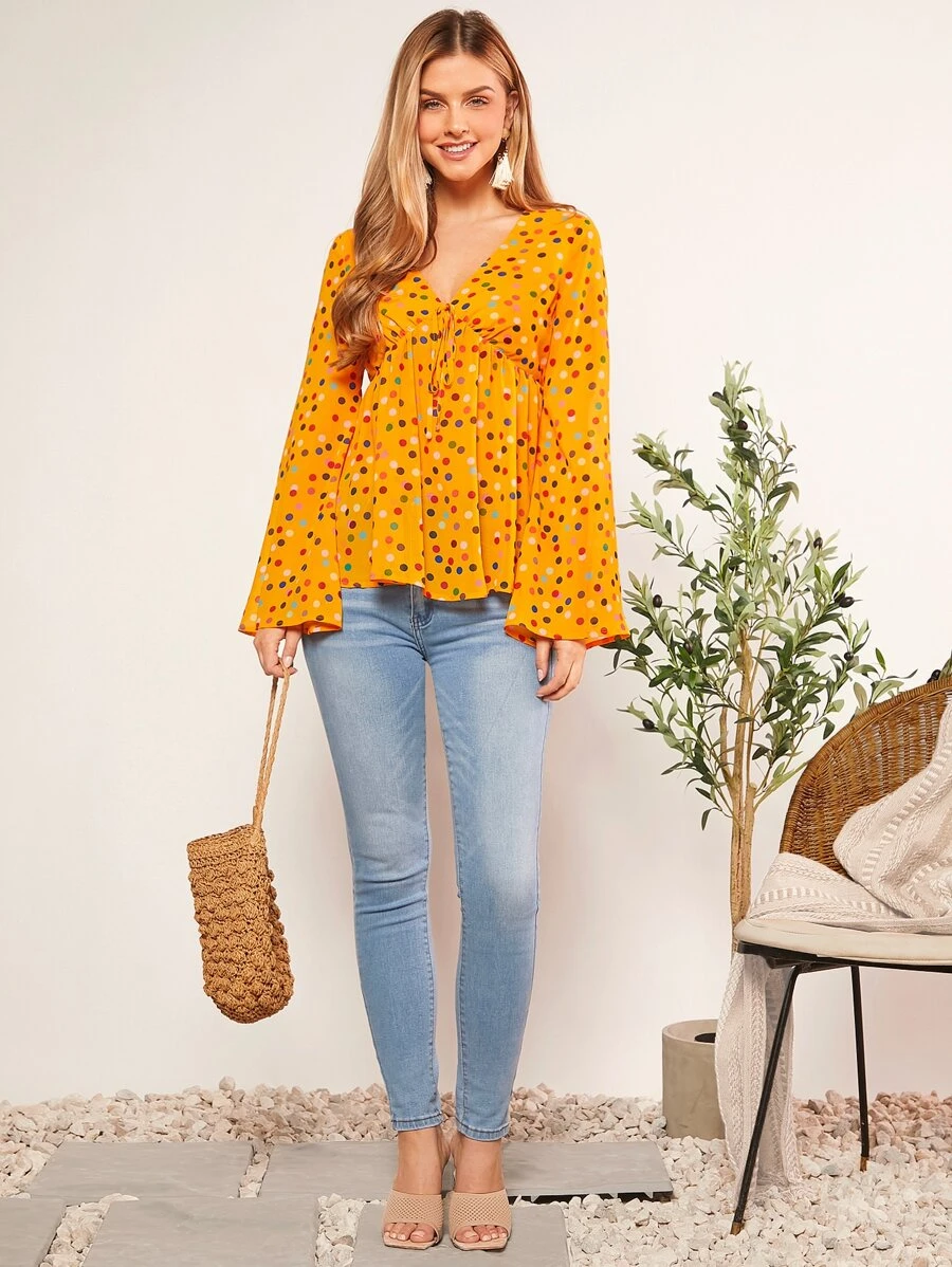 SHEIN VCAY Polka Dot Tie Front Flounce Sleeve Blouse - Mustard Yellow - View 1
