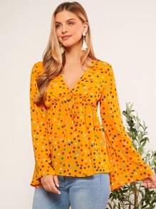 SHEIN VCAY Polka Dot Tie Front Flounce Sleeve Blouse - Mustard Yellow - View 7