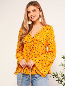 SHEIN VCAY Polka Dot Tie Front Flounce Sleeve Blouse - Mustard Yellow - View 4