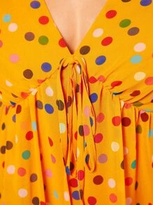 SHEIN VCAY Polka Dot Tie Front Flounce Sleeve Blouse - Mustard Yellow - View 5