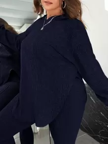 SHEIN Essnce 大碼連帽落肩袖運動衫和緊身打底褲 - 藏蓝色 - 查看 4