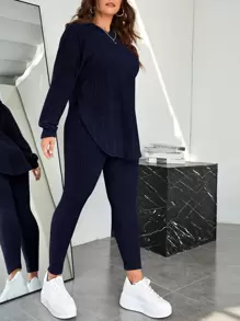 SHEIN Essnce 大碼連帽落肩袖運動衫和緊身打底褲 - 藏蓝色 - 查看 5