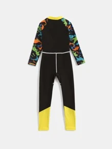 小男童恐龍印花前拉鍊連體泳衣 - 黑色 - 查看 2