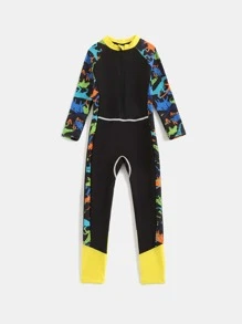 小男童恐龍印花前拉鍊連體泳衣 - 黑色 - 查看 3