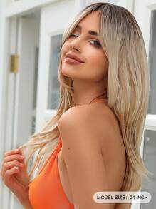 Peluca sintética recta larga con capas de oro marrón degradado con flequillo - Dorado - Ver 3