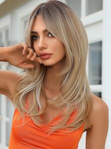 Peluca sintética recta larga con capas de oro marrón degradado con flequillo - Dorado - Ver 4