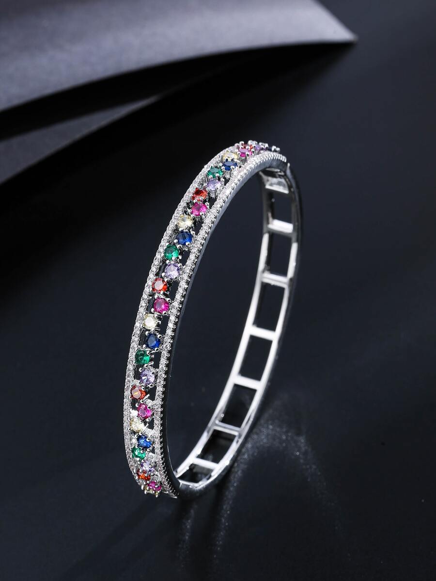 Cubic Zirconia Decor Hollow Out Bangle - Silver - View 1