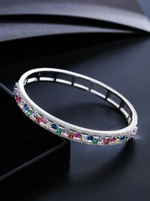 Cubic Zirconia Decor Hollow Out Bangle - Silver - View 4
