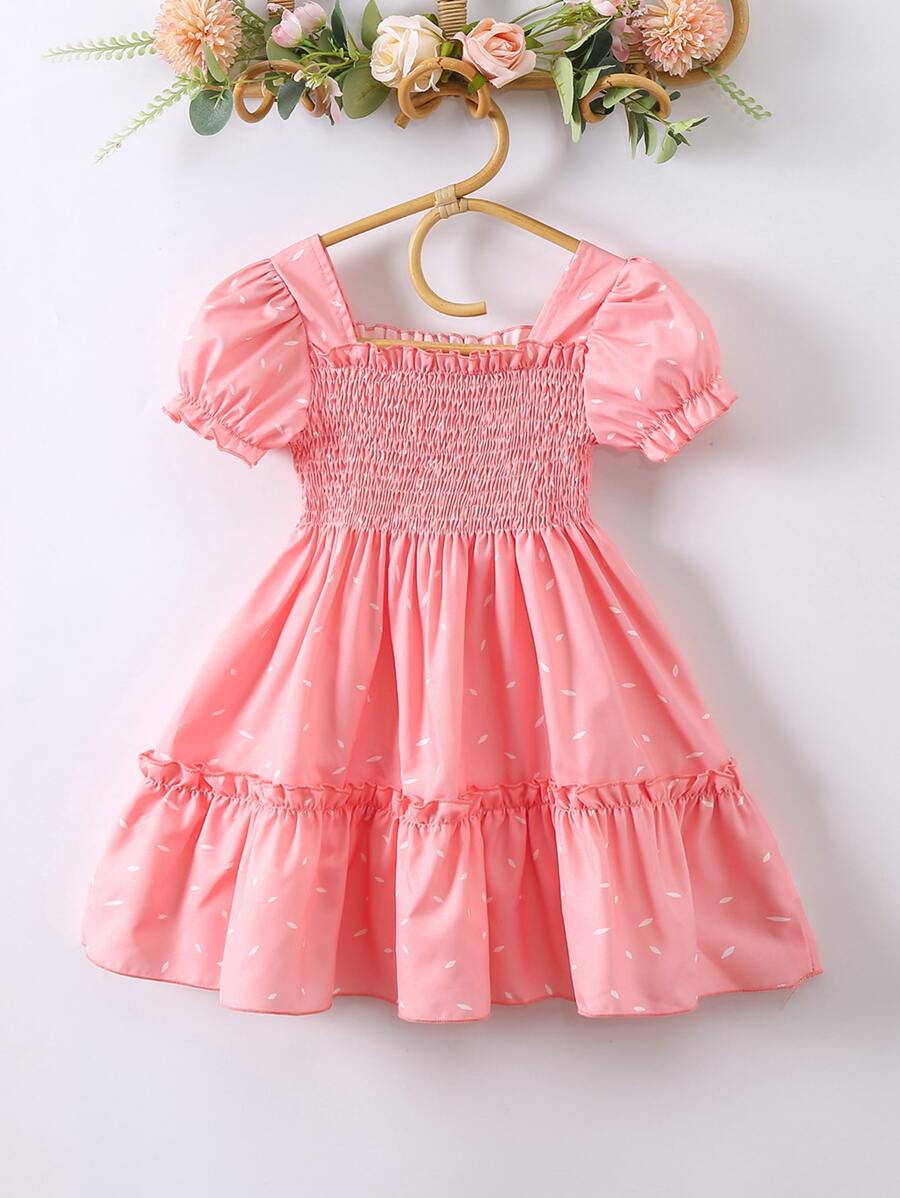 Toddler Girls Allover Print Puff Sleeve Ruffle Hem Dress - Pink - View 1