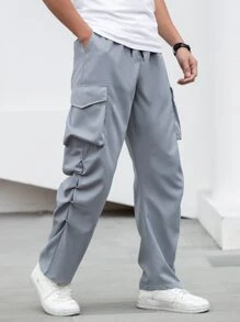 Manfinity Men Flap Pocket Side Drawstring Waist Cargo Pants - Grey - View 3