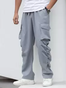 Manfinity Men Flap Pocket Side Drawstring Waist Cargo Pants - Grey - View 4