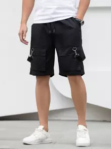 Manfinity Hombres Shorts con bolsillo con solapa de cintura con cordón - Negro - Ver 1