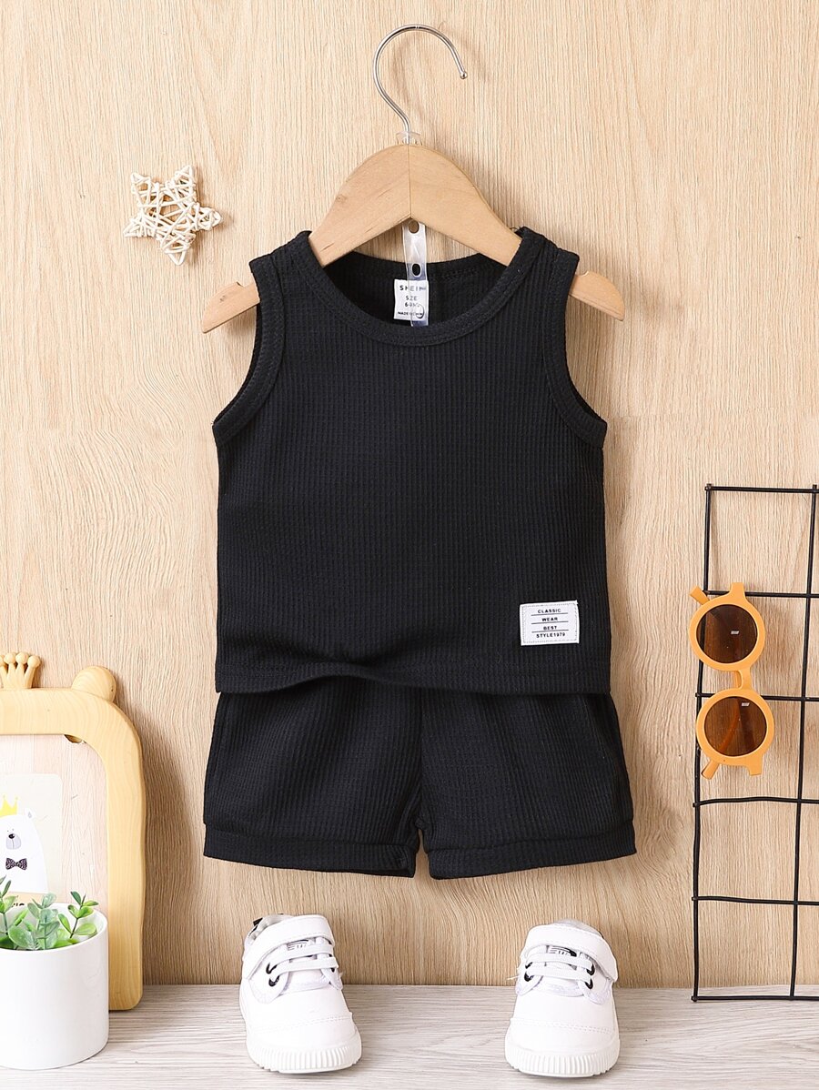 Baby Boy Letter Patched Detail Tank Top & Knot Front Shorts - Black - View 1