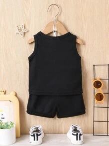 Baby Boy Letter Patched Detail Tank Top & Knot Front Shorts - Black - View 2