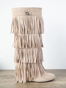 鎖扣細節流蘇及膝長靴 - 杏色 - 查看 2