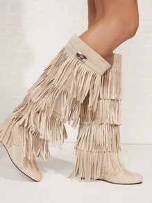 鎖扣細節流蘇及膝長靴 - 杏色 - 查看 4