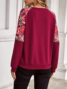 SHEIN LUNE Floral Print Raglan Sleeve Sweatshirt - Red - View 2