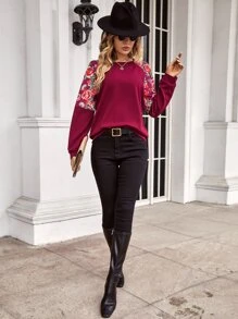 SHEIN LUNE Floral Print Raglan Sleeve Sweatshirt - Red - View 3