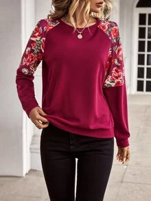 SHEIN LUNE Floral Print Raglan Sleeve Sweatshirt - Red - View 4