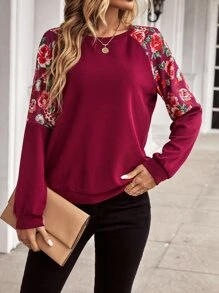 SHEIN LUNE Floral Print Raglan Sleeve Sweatshirt - Red - View 5