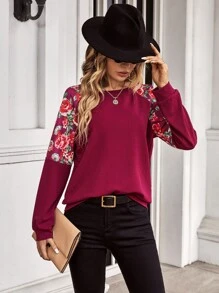 SHEIN LUNE Floral Print Raglan Sleeve Sweatshirt - Red - View 6