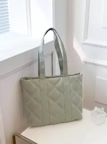 Quilted Detail Shoulder Tote Bag - Olive Green - View 3