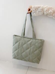 Quilted Detail Shoulder Tote Bag - Olive Green - View 7