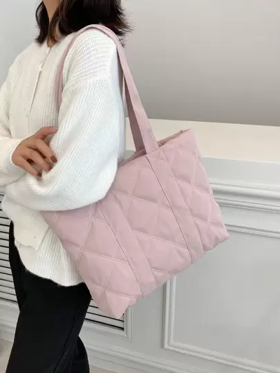 绗缝细节单肩托特包书包，返校背包，大容量，轻便，便携，适合少女、女大学生，非常适合返校、大学、初中、高中