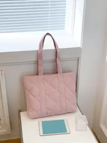 绗缝细节单肩托特包书包，返校背包，大容量，轻便，便携，适合少女、女大学生，非常适合返校、大学、初中、高中 - 粉色 - 查看 5