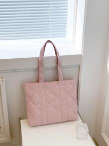 绗缝细节单肩托特包书包，返校背包，大容量，轻便，便携，适合少女、女大学生，非常适合返校、大学、初中、高中 - 粉色 - 查看 7