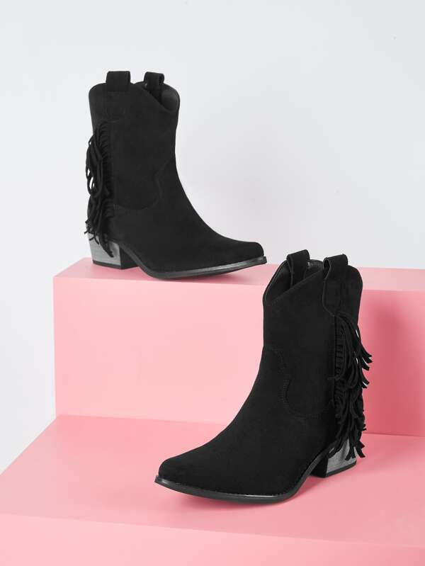 SHEIN VCAY Fringe Trim Faux Suede Chunky Heeled Western Boots SHEIN