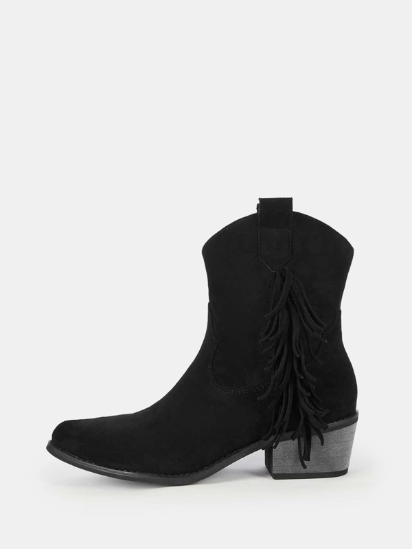 SHEIN VCAY Fringe Trim Faux Suede Chunky Heeled Western Boots SHEIN
