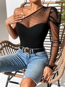 SHEIN BAE Top de un hombro con malla jacquard en contraste de manga gigot - Negro - Ver 5