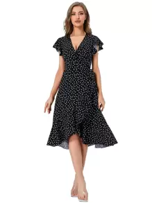 SHEIN VCAY Polka Dot Print Butterfly Sleeve Knot Side Ruffle Trim Wrap Dress - Black - View 1