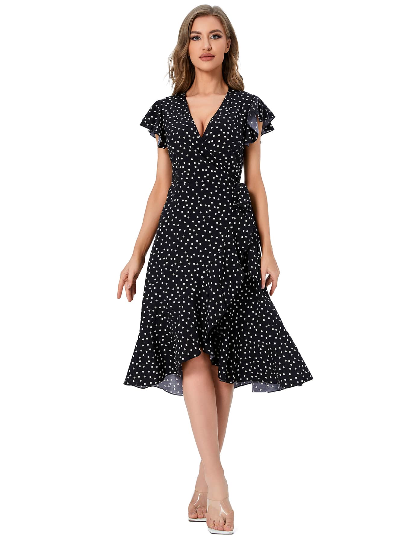 SHEIN VCAY Polka Dot Print Butterfly Sleeve Knot Side Ruffle Trim Wrap Dress - Black - View 1