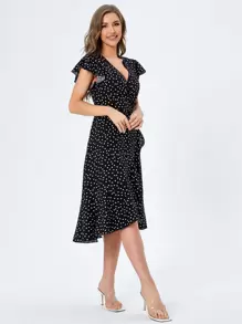 SHEIN VCAY Polka Dot Print Butterfly Sleeve Knot Side Ruffle Trim Wrap Dress - Black - View 4