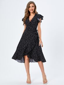 SHEIN VCAY Polka Dot Print Butterfly Sleeve Knot Side Ruffle Trim Wrap Dress - Black - View 5