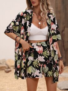SHEIN VCAY 熱帶圖案開門襟和服罩衫和短褲 - 黑色 - 查看 5