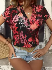 SHEIN VCAY Random Floral Print Batwing Sleeve Blouse - Black - View 1