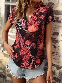 SHEIN VCAY Random Floral Print Batwing Sleeve Blouse - Black - View 5