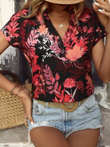 SHEIN VCAY Random Floral Print Batwing Sleeve Blouse - Black - View 6