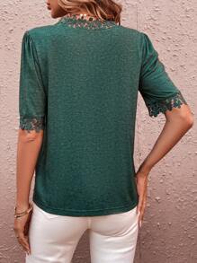 SHEIN LUNE Guipure Lace Trim Puff Sleeve Tee - Green - View 2